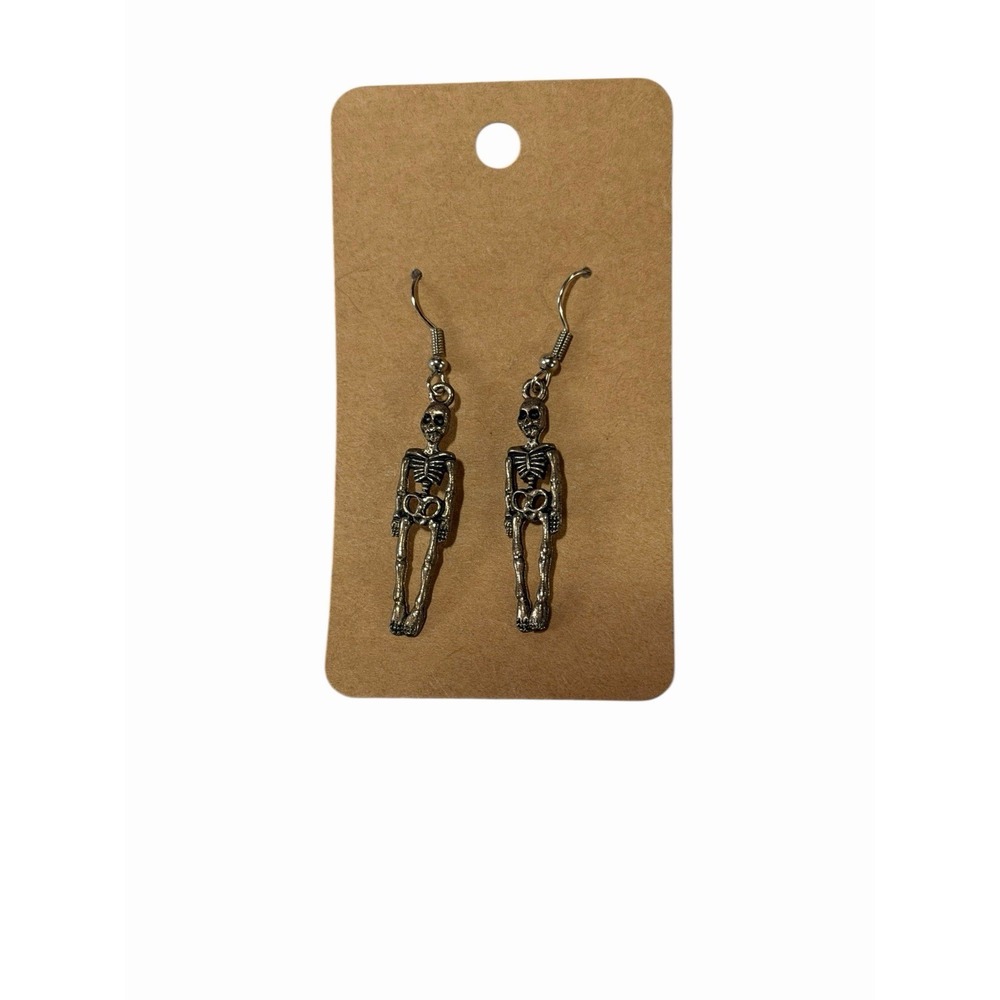 Silver Skeleton Dangle Earrings Gothic Halloween Jewelry Fishhook Drop
